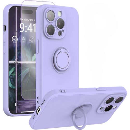 Coque Silicone Pour Iphone 14 Pro Couleur Violet Avec Anneau Support + Verre Trempe Protection Ecran Little Boutik®