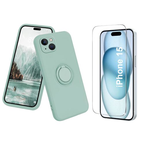 Coque Silicone Pour Iphone 15 Couleur Vert Avec Anneau Support + Verre Trempe Protection Ecran Little Boutik®