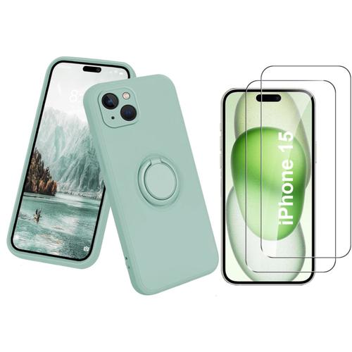 Coque Silicone Pour Iphone 15 Couleur Vert Avec Anneau Support + 2 Verres Trempe Protection Ecran Little Boutik®