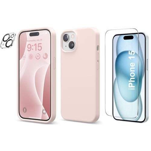 Coque Silicone Rose + Verre Trempe Et Protection Camera Arriere Pour Iphone 15 Little Boutik®