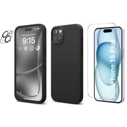 Coque Silicone Noir + Verre Trempe Et Protection Camera Arriere Pour Iphone 15 Plus Little Boutik®
