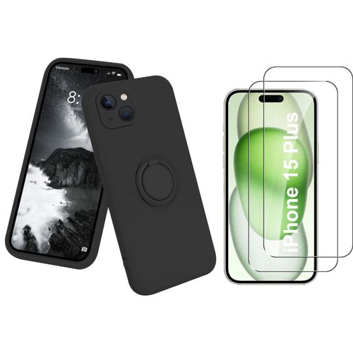 Coque Silicone Pour Iphone 15 Plus Couleur Noir Avec Anneau Support + 2 Verres Trempe Protection Ecran Little Boutik®