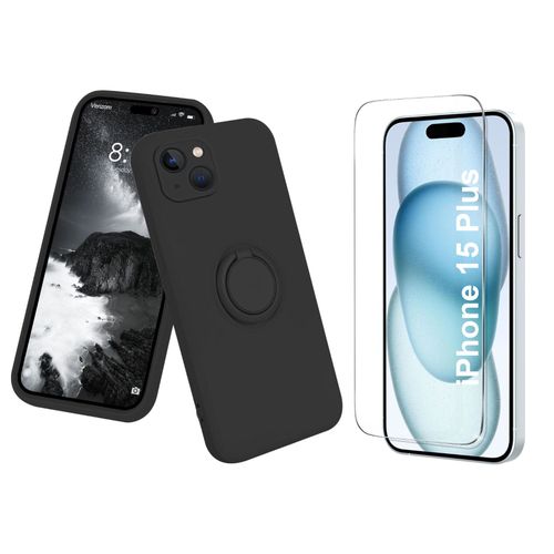 Coque Silicone Pour Iphone 15 Plus Couleur Noir Avec Anneau Support + Verre Trempe Protection Ecran Little Boutik®