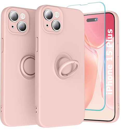 Coque Silicone Pour Iphone 15 Plus Couleur Rose Avec Anneau Support + Verre Trempe Protection Ecran Little Boutik®