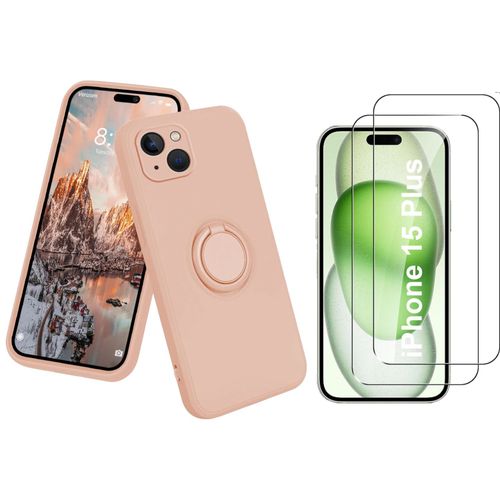 Coque Silicone Pour Iphone 15 Plus Couleur Rose Avec Anneau Support + 2 Verres Trempe Protection Ecran Little Boutik®