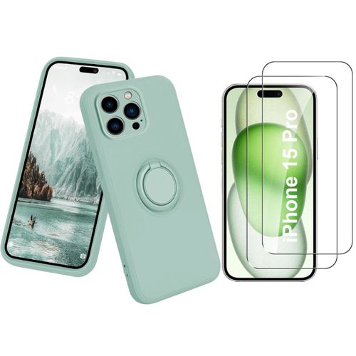 Coque Silicone Pour Iphone 15 Pro Couleur Vert Avec Anneau Support + 2 Verres Trempe Protection Ecran Little Boutik®