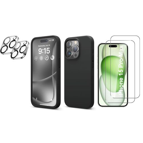Coque Silicone Noir + Verres Trempes Et Protections Camera Arriere X2 Pour Iphone 15 Pro Max Little Boutik®