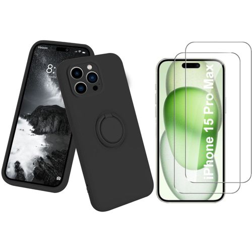 Coque Silicone Pour Iphone 15 Pro Max Couleur Noir Avec Anneau Support + 2 Verres Trempe Protection Ecran Little Boutik®