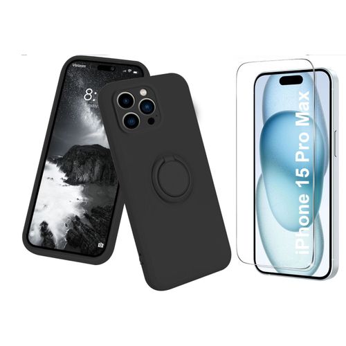 Coque Silicone Pour Iphone 15 Pro Max Couleur Noir Avec Anneau Support + Verre Trempe Protection Ecran Little Boutik®