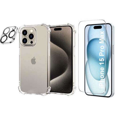 Coque Silicone Transparente Angles Renforces + Verre Trempe Et Protection Camera Arriere Pour Iphone 15 Pro Max Little Boutik®