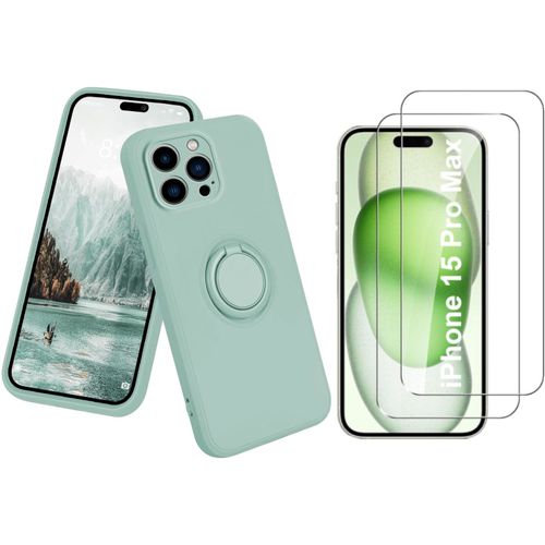 Coque Silicone Pour Iphone 15 Pro Max Couleur Vert Avec Anneau Support + 2 Verres Trempe Protection Ecran Little Boutik®