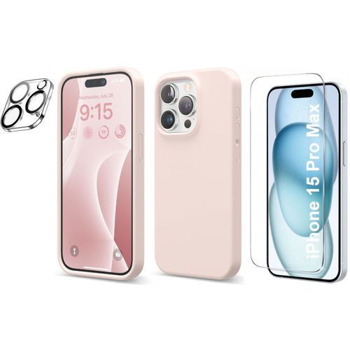 Coque Silicone Rose + Verre Trempe Et Protection Camera Arriere Pour Iphone 15 Pro Max Little Boutik®