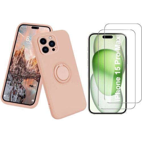 Coque Silicone Pour Iphone 15 Pro Max Couleur Rose Avec Anneau Support + 2 Verres Trempe Protection Ecran Little Boutik®