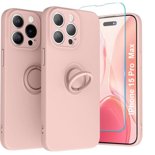 Coque Silicone Pour Iphone 15 Pro Max Couleur Rose Avec Anneau Support + Verre Trempe Protection Ecran Little Boutik®