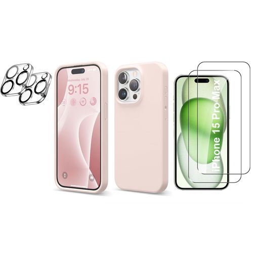 Coque Silicone Rose + Verres Trempes Et Protections Camera Arriere X2 Pour Iphone 15 Pro Max Little Boutik®