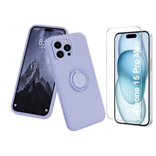 Coque Silicone Pour Iphone 15 Pro Max Couleur Violet Avec Anneau Support + Verre Trempe Protection Ecran Little Boutik®