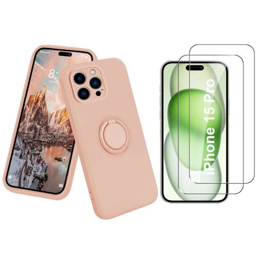 Coque Silicone Pour Iphone 15 Pro Couleur Rose Avec Anneau Support + 2 Verres Trempe Protection Ecran Little Boutik®
