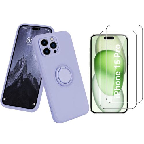 Coque Silicone Pour Iphone 15 Pro Couleur Violet Avec Anneau Support + 2 Verres Trempe Protection Ecran Little Boutik®