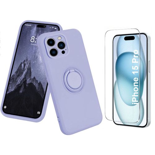 Coque Silicone Pour Iphone 15 Pro Couleur Violet Avec Anneau Support + Verre Trempe Protection Ecran Little Boutik®