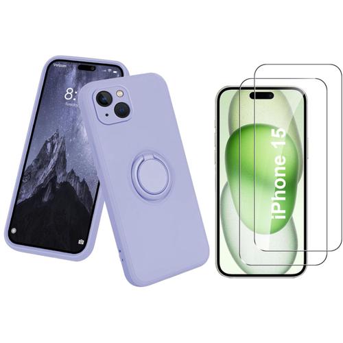 Coque Silicone Pour Iphone 15 Couleur Violet Avec Anneau Support + 2 Verres Trempe Protection Ecran Little Boutik®