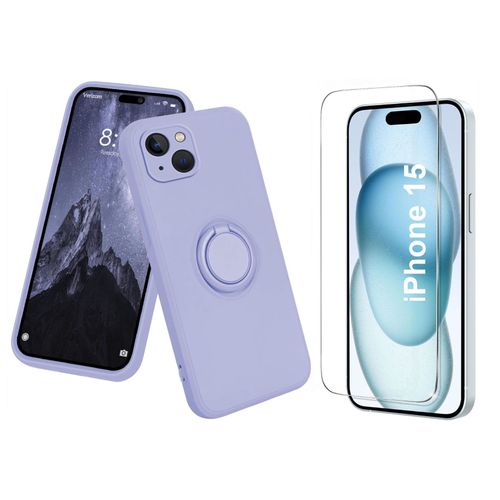 Coque Silicone Pour Iphone 15 Couleur Violet Avec Anneau Support + Verre Trempe Protection Ecran Little Boutik®