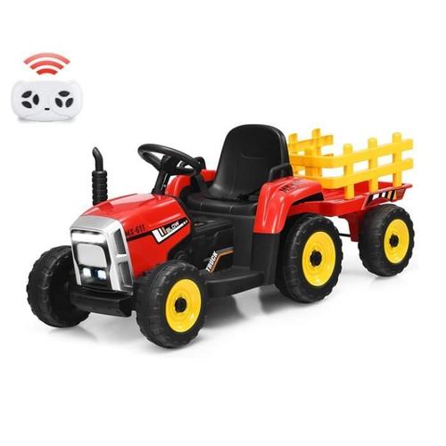 COSTWAY Tracteur Electrique Enfant 12V 3 Vitesses - Remorque et Télécommande  2.4G,Eclairage LED,Klaxon,Port USB Rouge