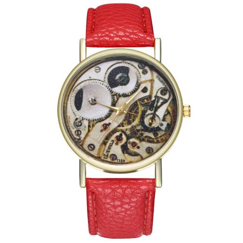 Montre A Quartz Zhoulianfa Avec Bracelet En Cuir Synthetique, Cadran Rond, Motif Unisexe (Rouge)