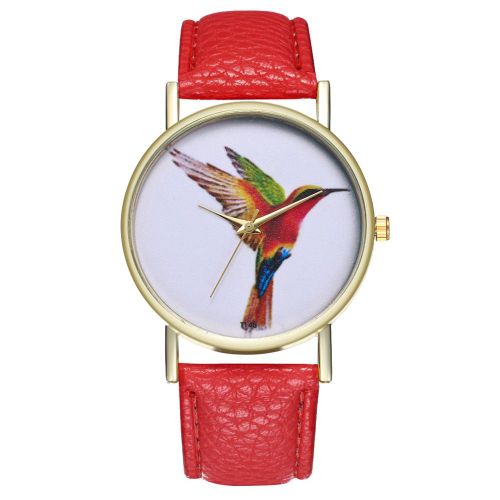 Montre-Bracelet Zhoulianfa Pour Homme Et Femme, En Cuir Synthetique, Decontractee, Motif Perroquet, Cadran Rond, Rouge