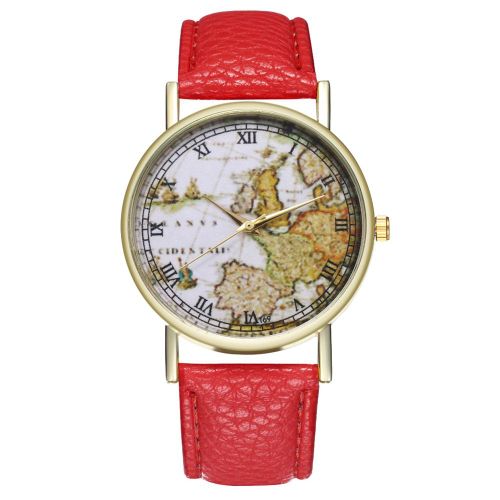 Montre A Quartz Zhoulianfa Avec Bracelet En Cuir Synthetique Et Cadran A Motif Carte Du Monde, Unisexe (Rouge)