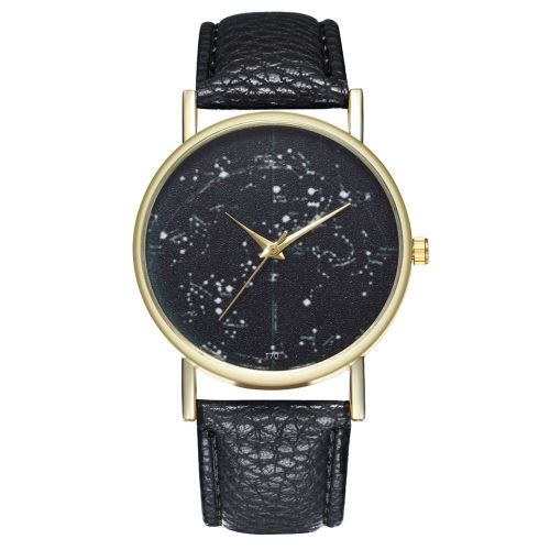 Montre A Quartz Zhoulianfa Avec Bracelet En Cuir Synthetique Et Cadran Ciel Etoile, Unisexe (Noir)