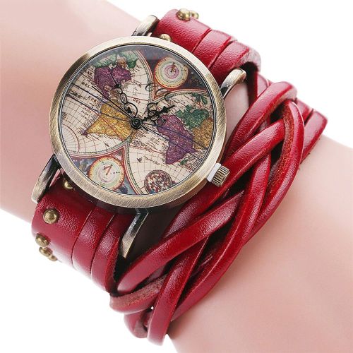 Montre A Quartz Ccq Unisexe En Cuir Pu Avec Bracelet Rivete, Style Vintage (Rouge)