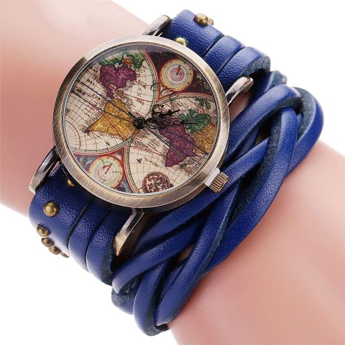 Montre A Quartz Ccq Unisexe En Cuir Pu Avec Bracelet Rivete, Style Vintage (Bleu)