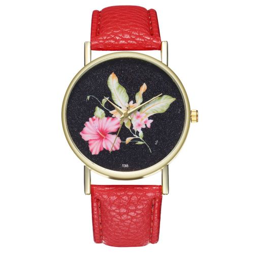 Montre A Quartz Zhoulianfa Avec Bracelet En Cuir Synthetique Et Cadran Fleuri Pour Femme (Rouge)