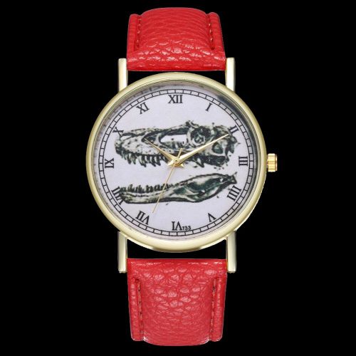 Montre A Quartz Zhoulianfa Avec Bracelet En Cuir Synthetique Et Cadran Motif Dinosaure, Style Decontracte, Unisexe (Rouge)