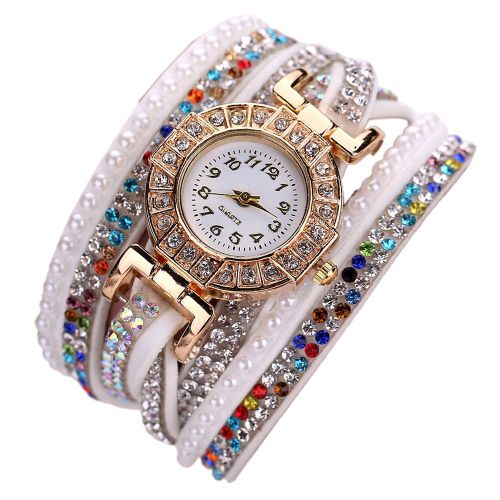 Montre A Quartz Coloree Avec Strass Et Bracelet En Cuir Synthetique Et Fausses Perles Brillantes Pour Femme (Blanc)