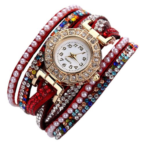 Montre A Quartz Coloree Avec Strass Et Bracelet En Cuir Synthetique Et Fausses Perles Brillantes Pour Femme (Rouge)