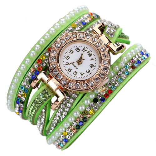 Montre A Quartz Coloree Avec Strass Et Bracelet En Cuir Synthetique Et Fausses Perles Brillantes Pour Femme (Vert)