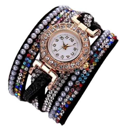Montre A Quartz Coloree Avec Strass Et Bracelet En Cuir Synthetique Et Fausses Perles Brillantes Pour Femme (Noir)