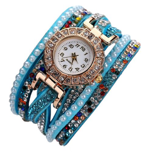 Montre A Quartz Coloree Avec Strass Et Bracelet En Cuir Synthetique Et Fausses Perles Brillantes Pour Femme (Bleu Ciel)