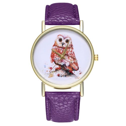 Montre Zhoulianfa Pour Homme Et Femme, Bracelet En Cuir Pu, Motif Hibou, A Quartz, En Alliage (Violet)