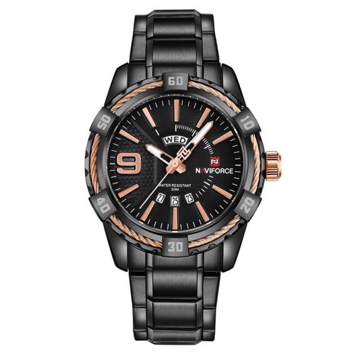 Montre A Quartz Etanche Naviforce Pour Homme, Bracelet En Acier, Calendrier (Boitier Noir, Cafe)