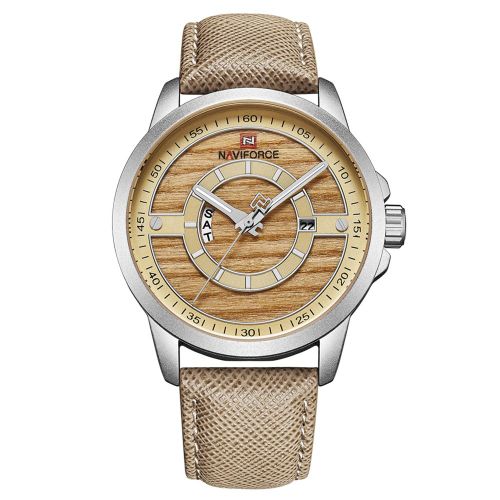 Montre A Quartz Etanche Naviforce Pour Homme Avec Cadran Grain De Bois Et Calendrier (Boitier Blanc Et Jaune)