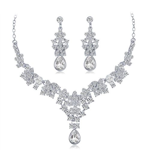 Parure De Bijoux Pour Femme, Collier Et Boucles D'oreilles En Alliage Avec Strass Et Fleurs (Ca625-A)