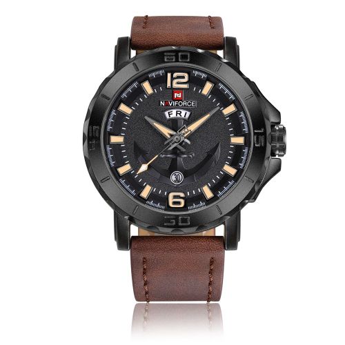 Montre-Bracelet A Quartz Etanche Naviforce Pour Homme, Tendance, Avec Bracelet En Pu (Boitier Noir Kaki)