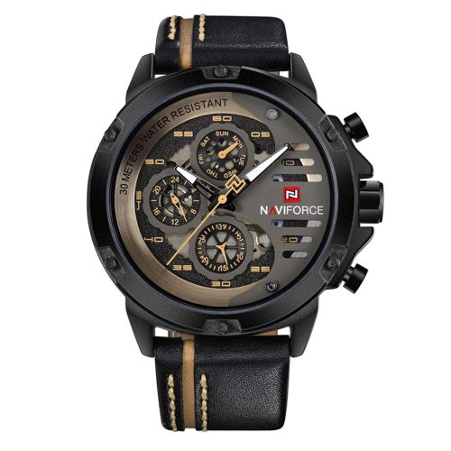 Montre A Quartz Etanche Naviforce Pour Homme Avec Bracelet En Cuir Veritable (Boitier Noir Khkai)