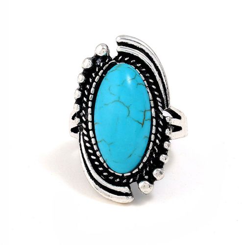 Bague Vintage En Alliage Turquoise Bleu Ovale Geometrique Pour Femme (6#)