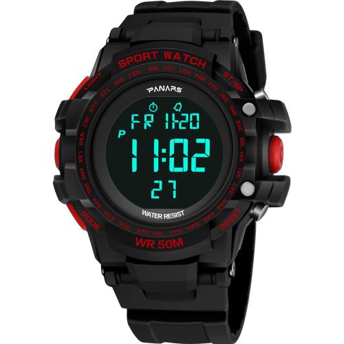 Montre-Bracelet De Sport Panars Lumineuse A 2 Fuseaux Horaires, Bracelet En Plastique Pu Etanche, Chiffres (Noir Et Rouge)