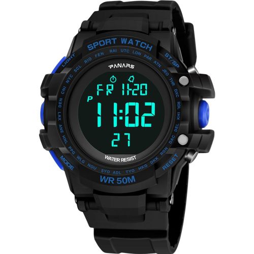 Montre-Bracelet De Sport Panars Lumineuse A 2 Fuseaux Horaires, Bracelet En Plastique Pu Etanche, Chiffres (Noir Et Bleu)