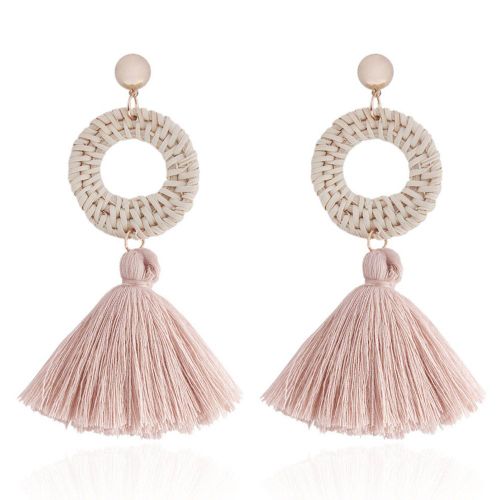 Boucles D'oreilles En Alliage Pour Femmes, Style Boheme Retro, Tresse De Paille, Pompons, Bijoux Roses