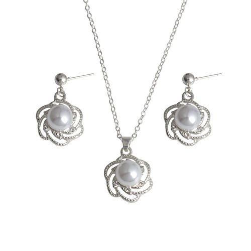 Ensemble De Bijoux Tendance Pour Femme Avec Collier Et Boucles D'oreilles En Fausses Perles Et Alliage De Fleurs